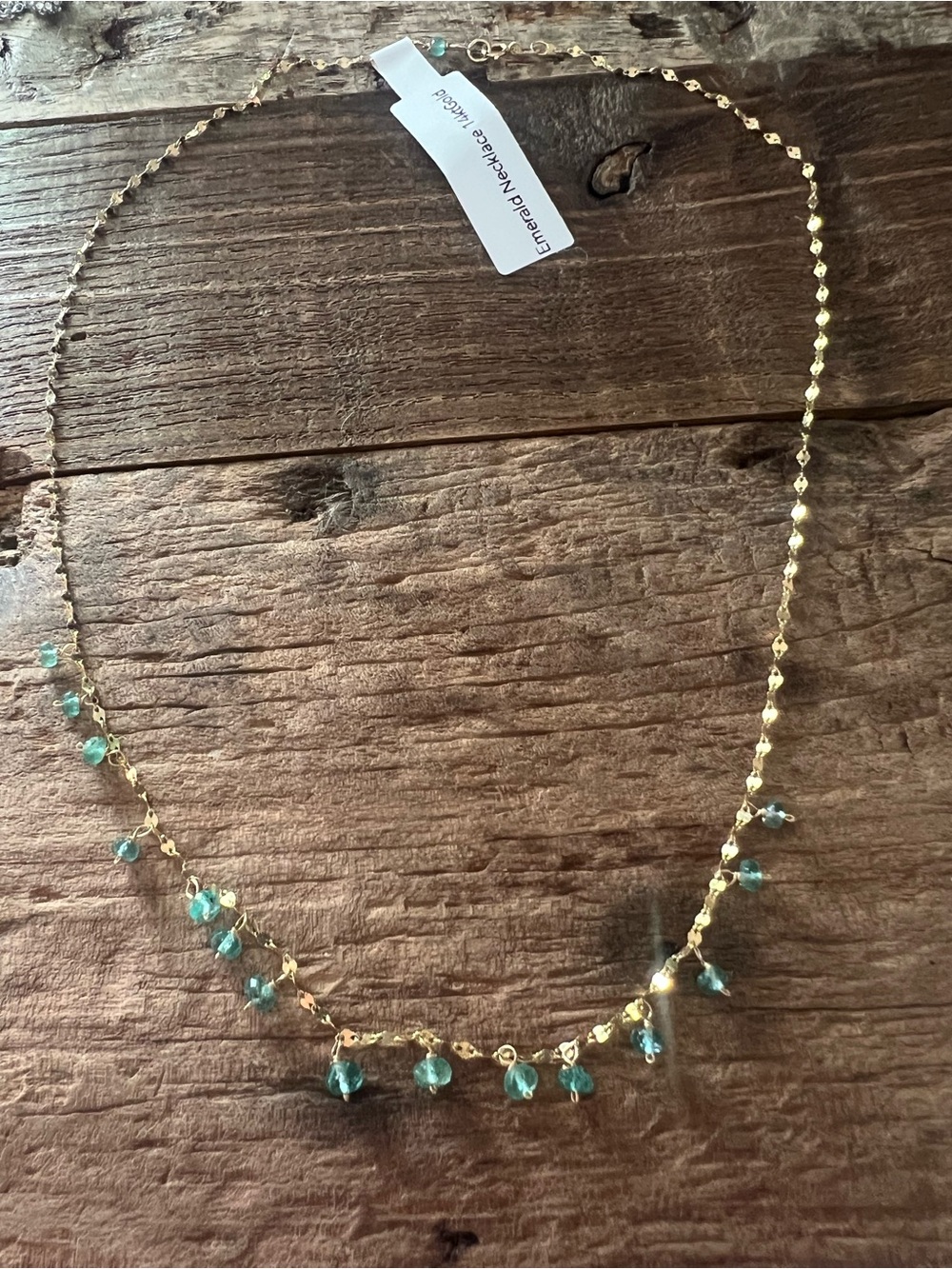 14K Gold Necklace with Small Green Emerald Gemstone Drops - Picture 4 of 5